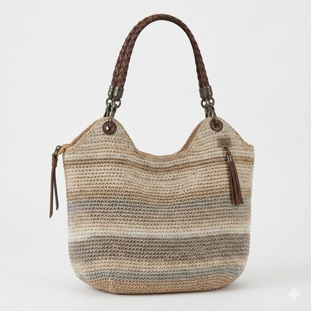THE SAK Indio Sand Crochet Stripe Shoulder Hobo Bag Purse Cream Boho Gypsy